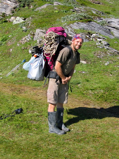 Johannes with too much on his backpack.