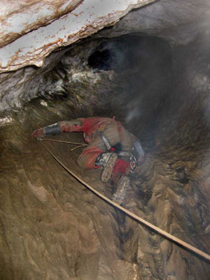 Johannes climbing in Jaskinia Zimna.